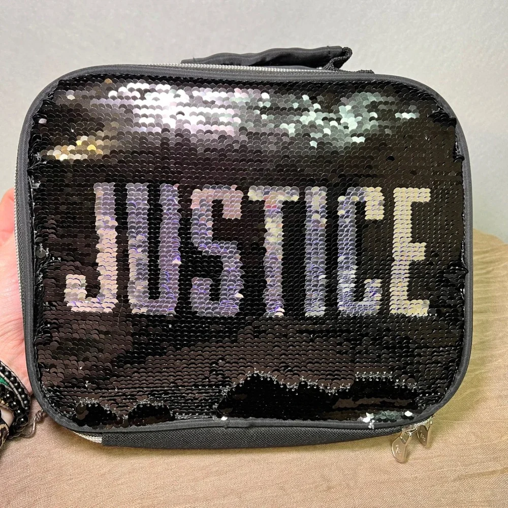 Justice Girls Black Purple Flip Sequin Insulated Lunch Box Bag Sparkle